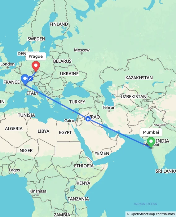 Route map showing distance and travel time from Mumbai, India to Prague, Czechia