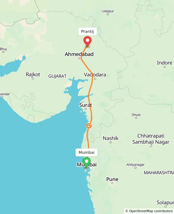 Route map showing distance and travel time from Mumbai, India to Prantij, India