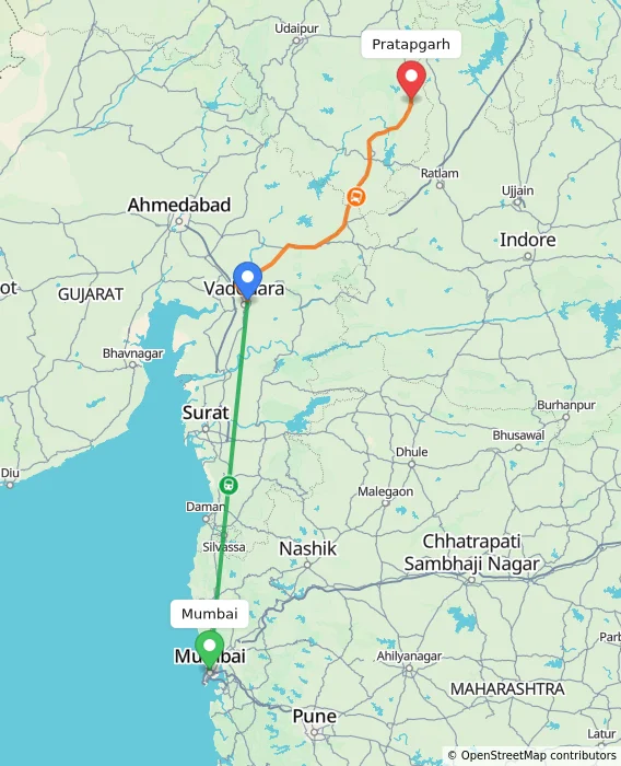 Route map showing distance and travel time from Mumbai, India to Pratapgarh, India