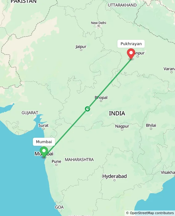 Route map showing distance and travel time from Mumbai, India to Pukhrayan, India