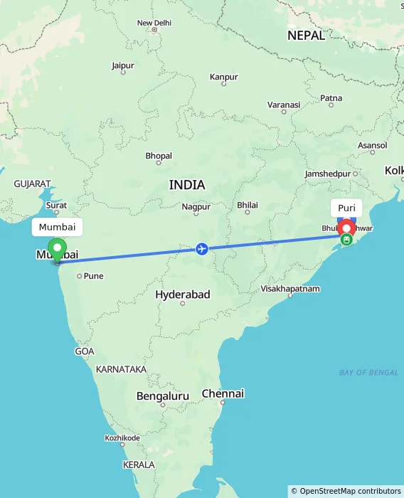 Route map showing distance and travel time from Mumbai, India to Puri, India