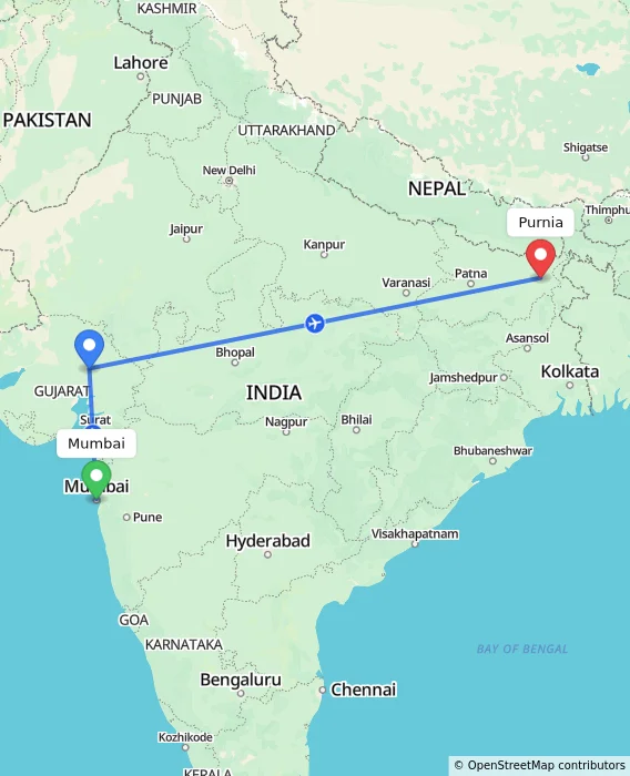 Route map showing distance and travel time from Mumbai, India to Purnia, India