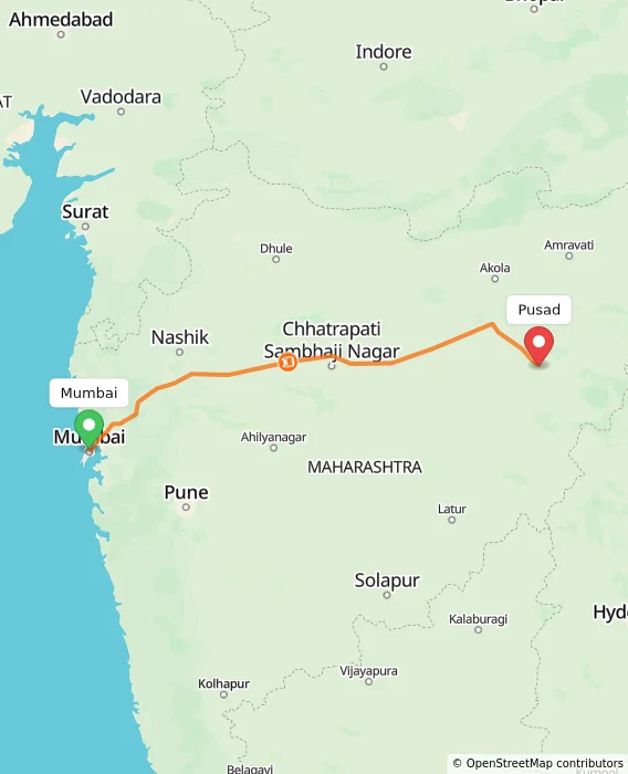 Route map showing distance and travel time from Mumbai, India to Pusad, India