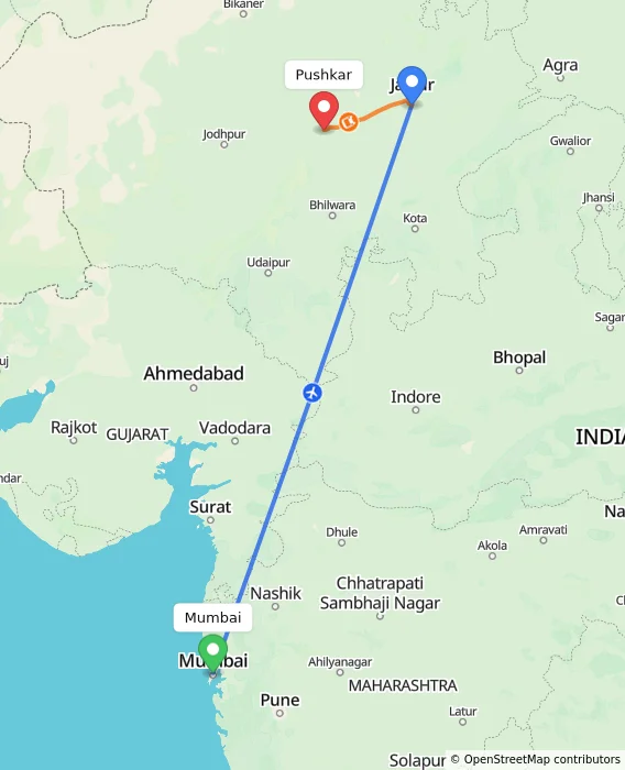 Route map showing distance and travel time from Mumbai, India to Pushkar, India