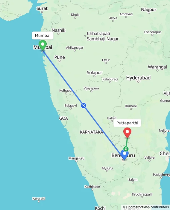 Route map showing distance and travel time from Mumbai, India to Puttaparthi, India