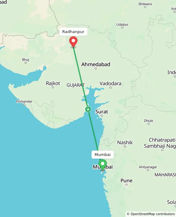 Route map showing distance and travel time from Mumbai, India to Radhanpur, India