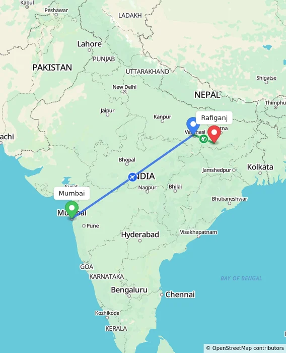 Route map showing distance and travel time from Mumbai, India to Rafiganj, India