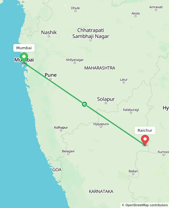 Route map showing distance and travel time from Mumbai, India to Raichur, India