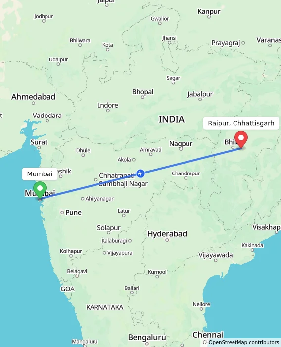 Route map showing distance and travel time from Mumbai, India to Raipur, Chhattisgarh, India