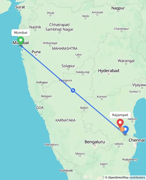 Route map showing distance and travel time from Mumbai, India to Rajampet, India