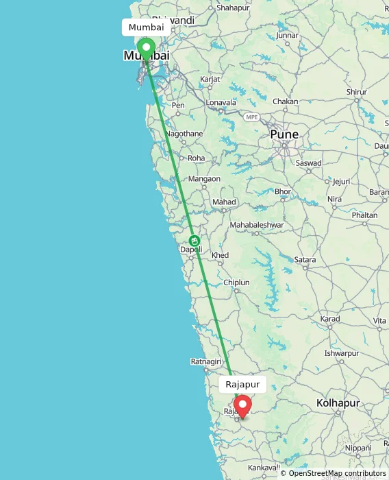 Route map showing distance and travel time from Mumbai, India to Rajapur, India