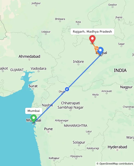 Route map showing distance and travel time from Mumbai, India to Rajgarh, Madhya Pradesh, India