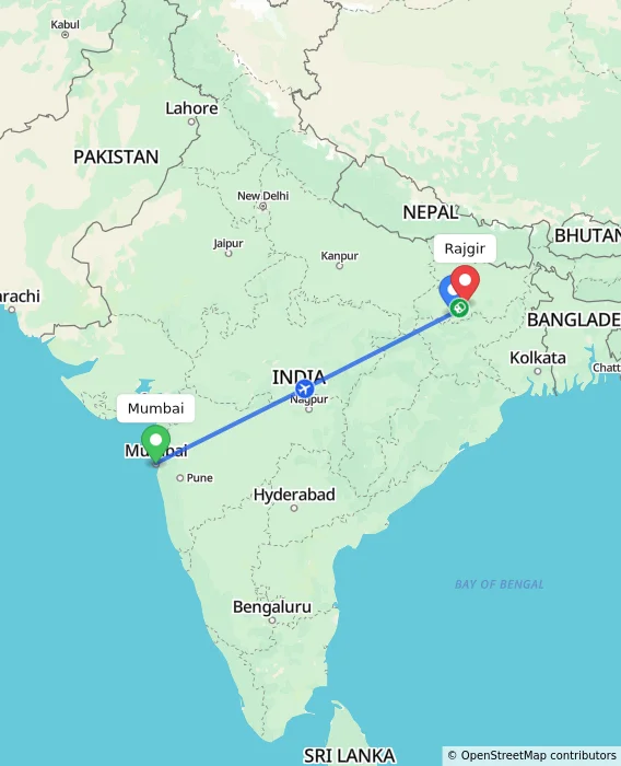 Route map showing distance and travel time from Mumbai, India to Rajgir, India