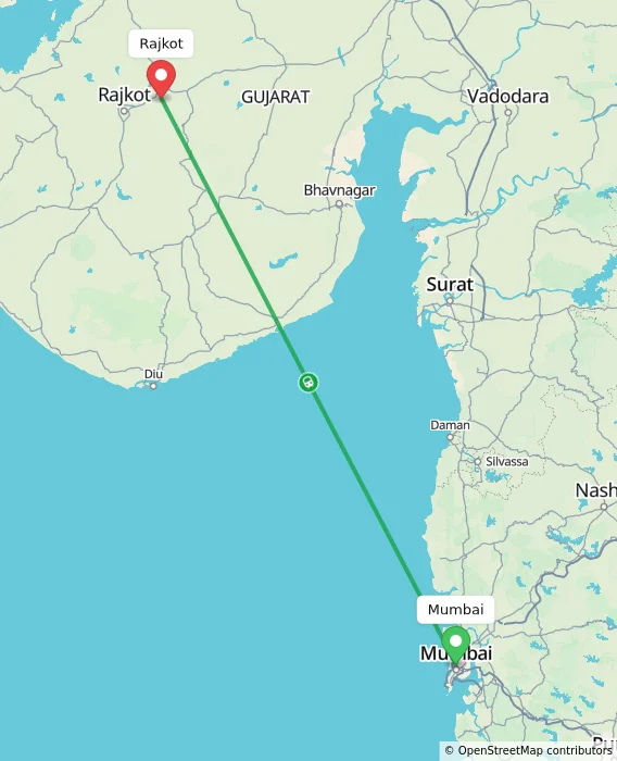 Route map showing distance and travel time from Mumbai, India to Rajkot, India
