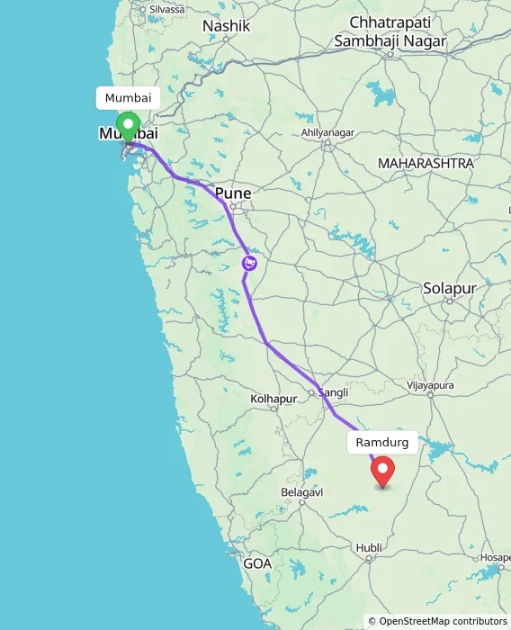 Route map showing distance and travel time from Mumbai, India to Ramdurg, India