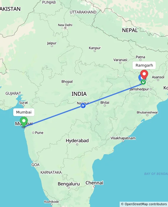 Route map showing distance and travel time from Mumbai, India to Ramgarh, India
