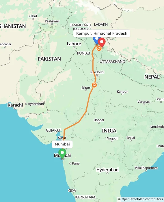 Route map showing distance and travel time from Mumbai, India to Rampur, Himachal Pradesh, India