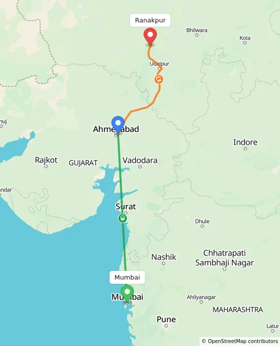 Route map showing distance and travel time from Mumbai, India to Ranakpur, India