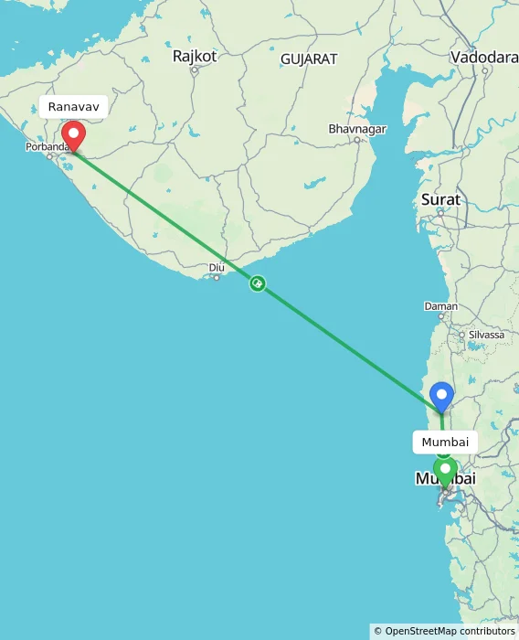 Route map showing distance and travel time from Mumbai, India to Ranavav, India