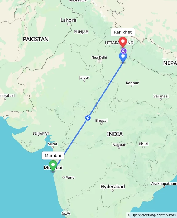 Route map showing distance and travel time from Mumbai, India to Ranikhet, India