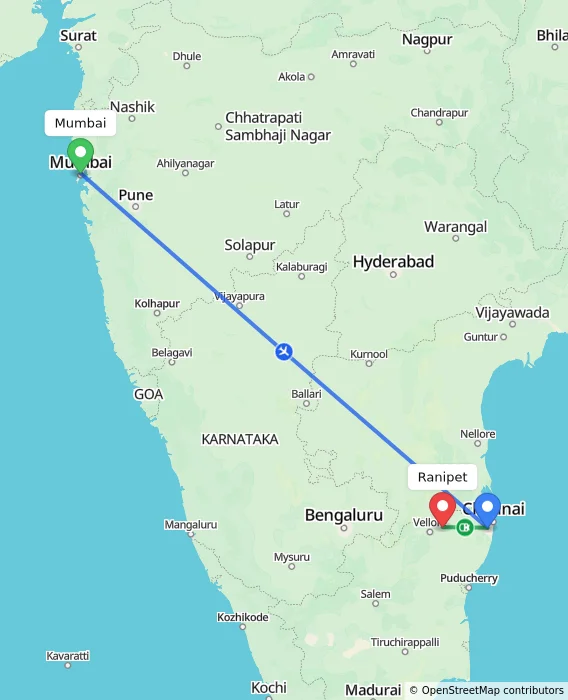 Route map showing distance and travel time from Mumbai, India to Ranipet, India