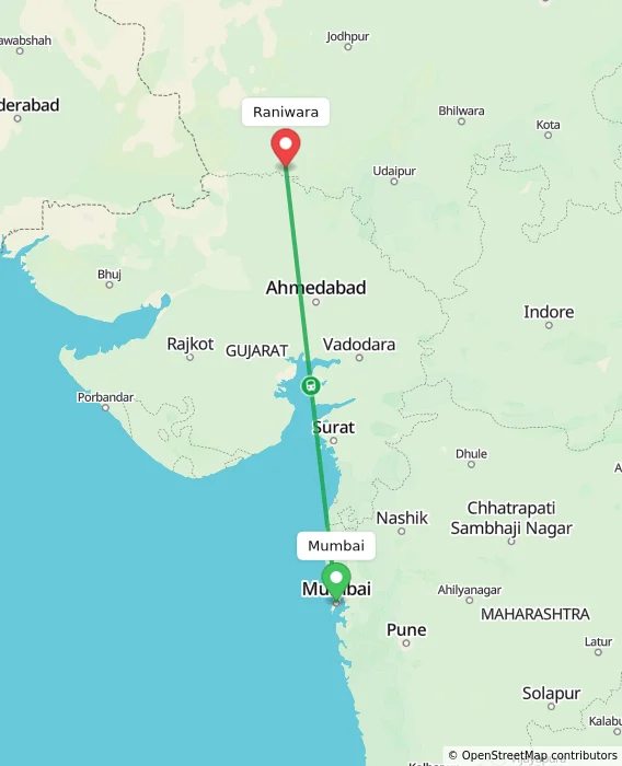 Route map showing distance and travel time from Mumbai, India to Raniwara, India