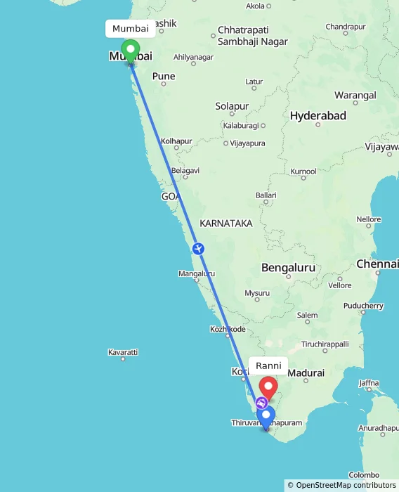 Route map showing distance and travel time from Mumbai, India to Ranni, India