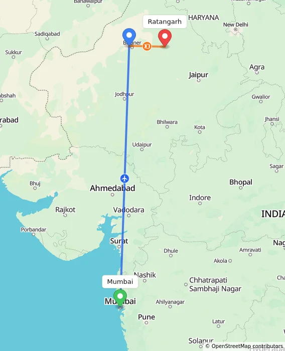 Route map showing distance and travel time from Mumbai, India to Ratangarh, India