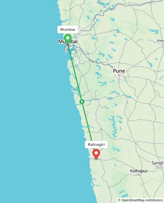 Route map showing distance and travel time from Mumbai, India to Ratnagiri, India