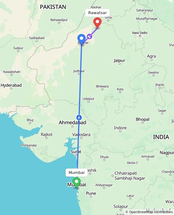 Route map showing distance and travel time from Mumbai, India to Rawatsar, India
