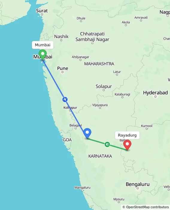 Route map showing distance and travel time from Mumbai, India to Rayadurg, India