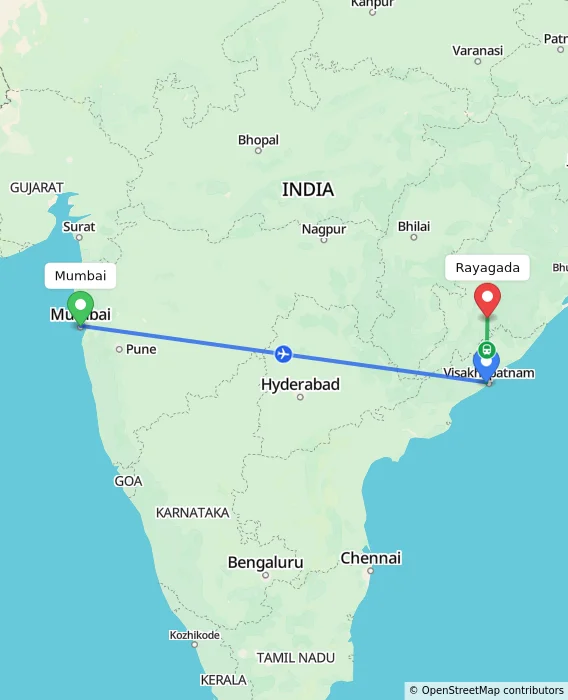 Route map showing distance and travel time from Mumbai, India to Rayagada, India