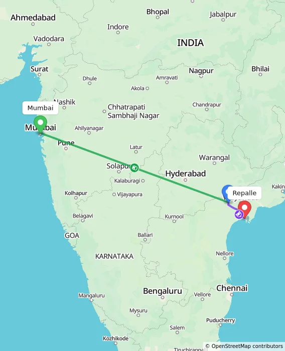 Route map showing distance and travel time from Mumbai, India to Repalle, India