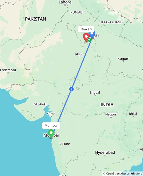 Route map showing distance and travel time from Mumbai, India to Rewari, India