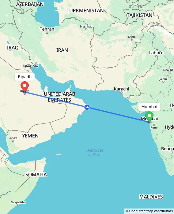 Route map showing distance and travel time from Mumbai, India to Riyadh, Saudi Arabia