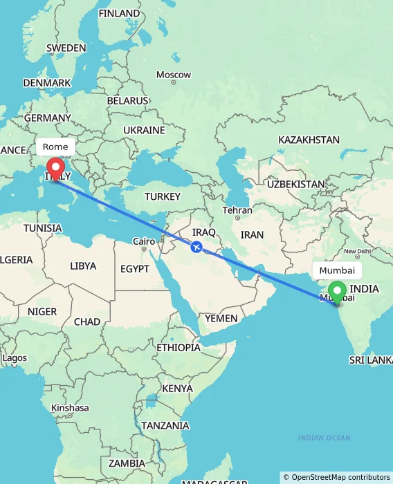Route map showing distance and travel time from Mumbai, India to Rome, Italy
