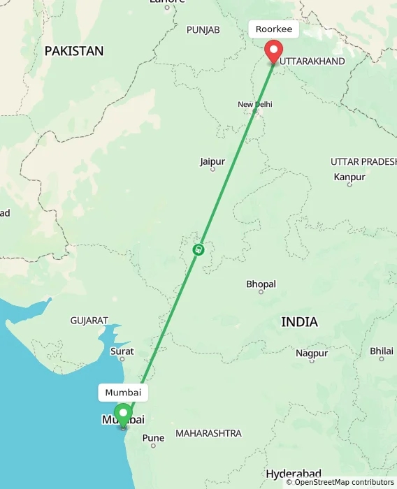 Route map showing distance and travel time from Mumbai, India to Roorkee, India