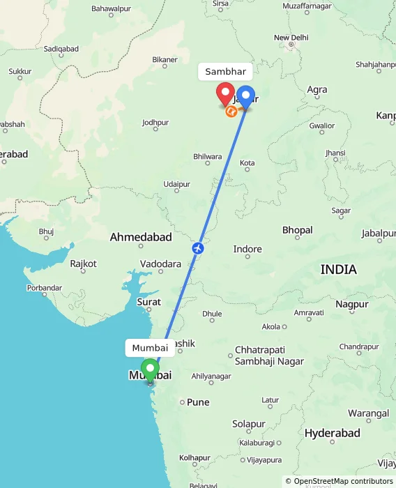 Route map showing distance and travel time from Mumbai, India to Sambhar, India