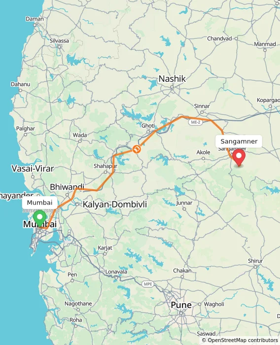 Route map showing distance and travel time from Mumbai, India to Sangamner, India