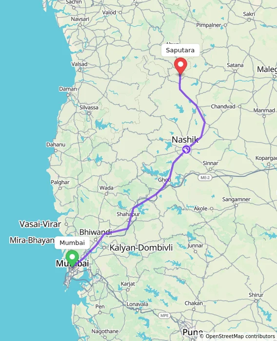 Route map showing distance and travel time from Mumbai, India to Saputara, India