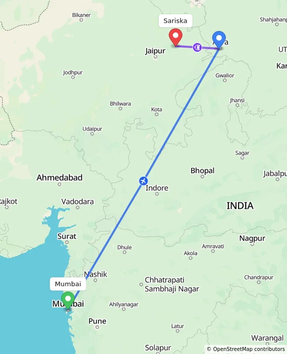 Route map showing distance and travel time from Mumbai, India to Sariska, India