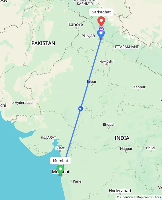 Route map showing distance and travel time from Mumbai, India to Sarkaghat, India