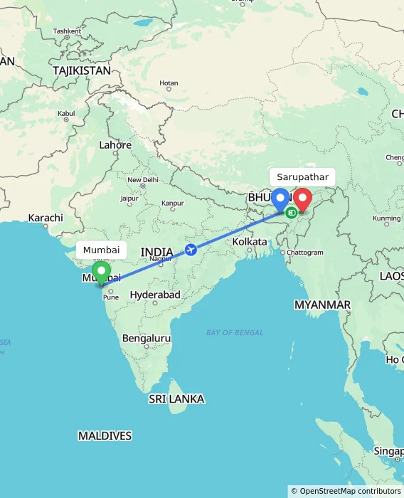 Route map showing distance and travel time from Mumbai, India to Sarupathar, India
