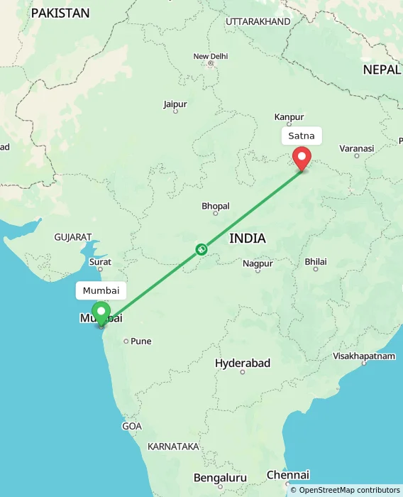 Route map showing distance and travel time from Mumbai, India to Satna, India