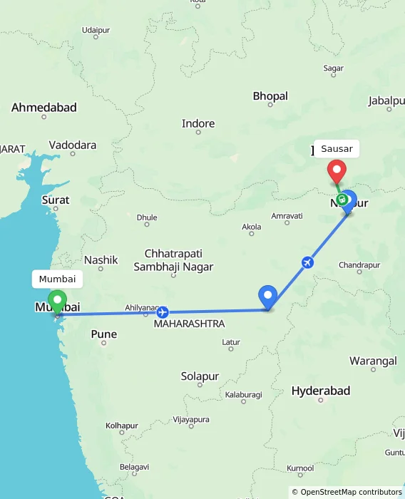 Route map showing distance and travel time from Mumbai, India to Sausar, India