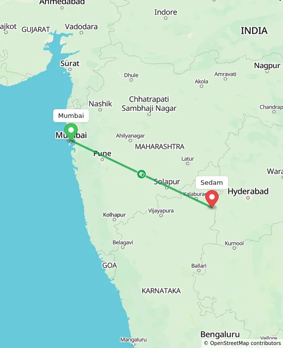 Route map showing distance and travel time from Mumbai, India to Sedam, India