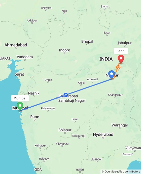 Route map showing distance and travel time from Mumbai, India to Seoni, India