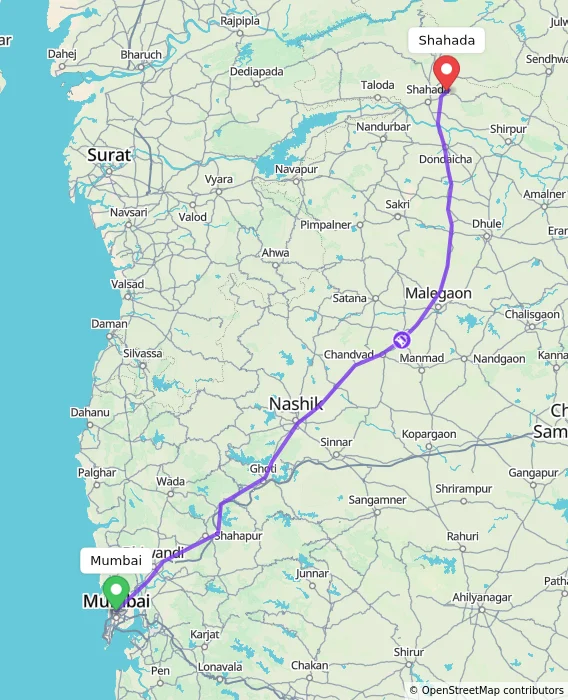 Route map showing distance and travel time from Mumbai, India to Shahada, India