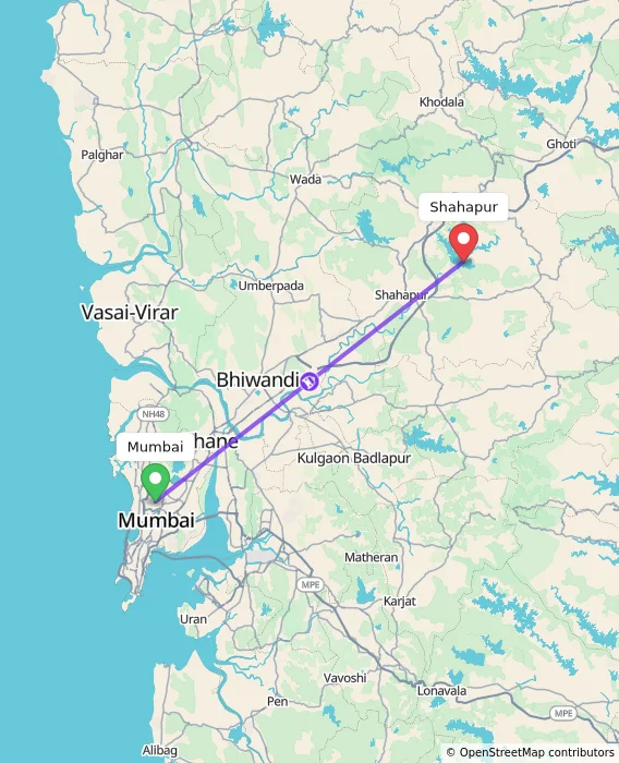 Route map showing distance and travel time from Mumbai, India to Shahapur, India