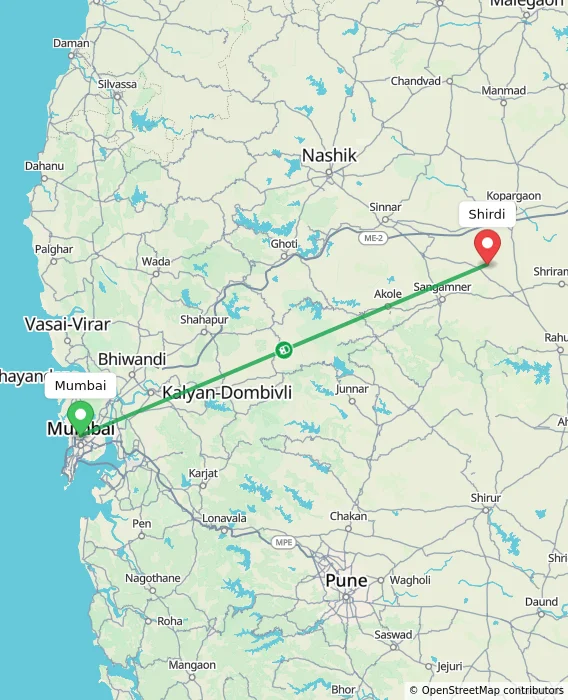 Route map showing distance and travel time from Mumbai, India to Shirdi, India